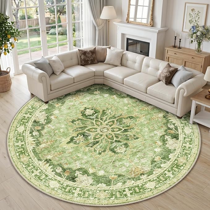RELEANY Area Rugs Round 10ft Washable Non-Slip, Floral Vintage Distress by RELEANY