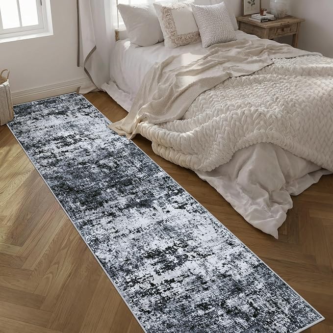 2.6'x14' Runner Rug Washable Rug: Modern Abstract Soft Thin Runner Rug Black - Image 2