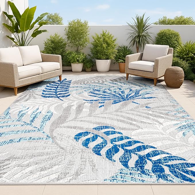 JONATHAN Y Tropics Palm Leaves Indoor Outdoor Area Rug 5X8 Gray/Blue, Boho by JONATHANY