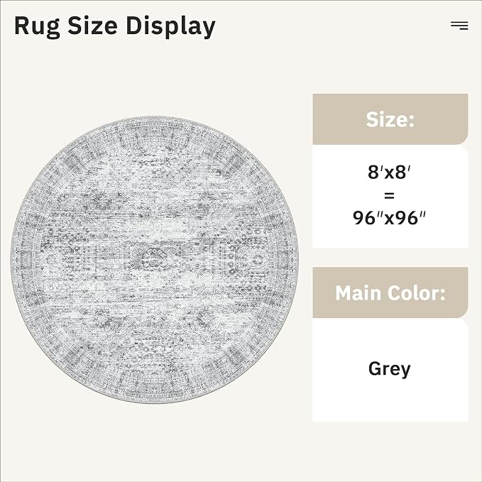 Soalmost 8x8 Grey Round Rug 8ft Living Room Circle Rug Vintage Round Area Rug - Image 3