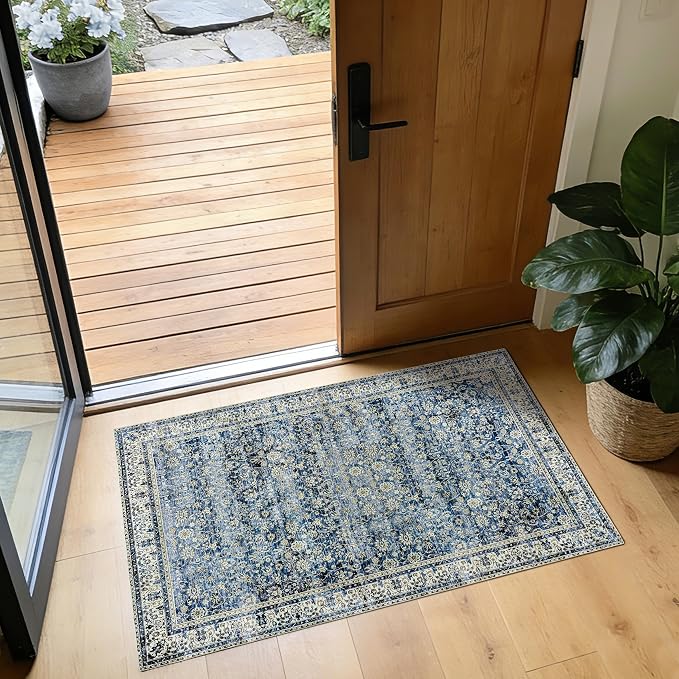 BILEEHOME Vintage Blue Kitchen Rugs 2x3 Dark Blue Distressed Low Pile Area Rug by BILEEHOME