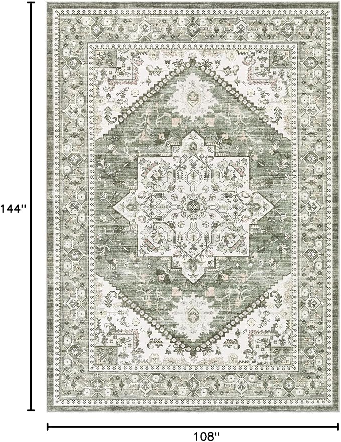 9x12 Vintage Area Rug: Washable Neutral Soft Non Slip Thin Large Floor Carpet - Image 2