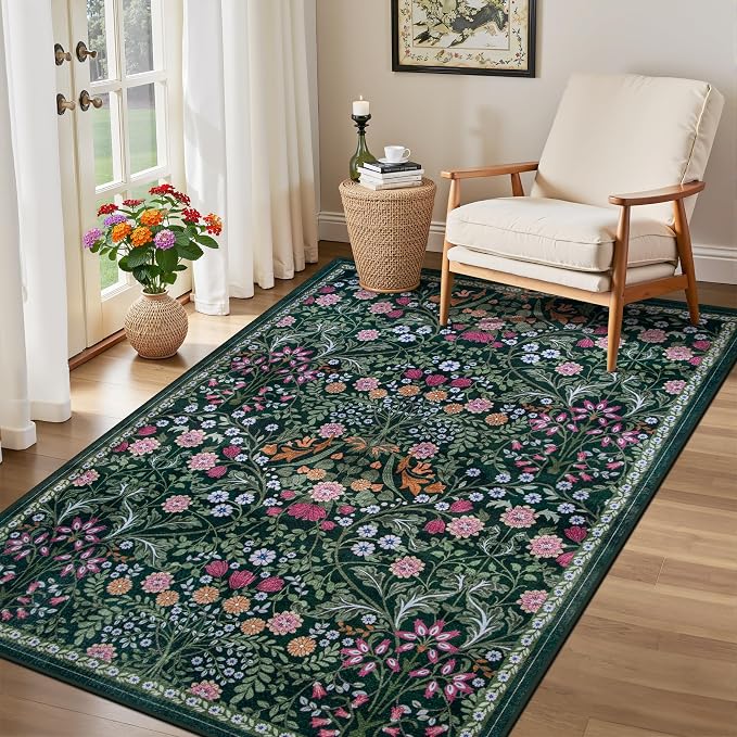Area Rug Living Room Rugs: Floral 3x5 Washable Rug Vintage Soft Boho Non-Slip - Image 4