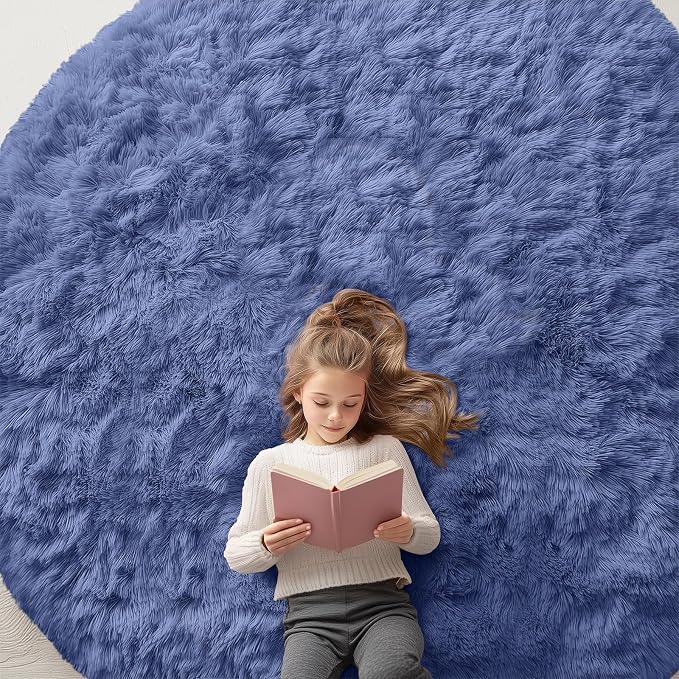 OLANLY Denim Blue Round Rugs for Bedroom by OLANLY