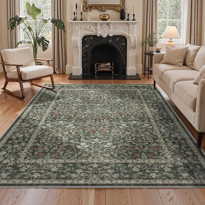GENIMO 5x7 Washable Area Rug, Non-Slip Vintage Boho Floral Carpet, Soft - Image 3