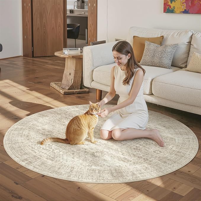 Soalmost 6x6 Beige Round Rug 6ft Living Room Circle Rug Vintage Round Area Rug - Image 4