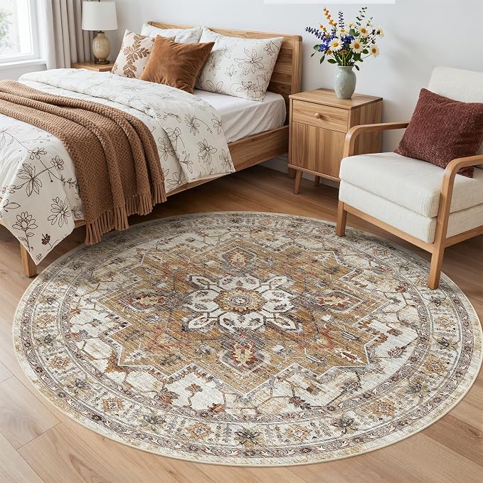 Madane Washable 5ft Circle Round Rug, 5x5 Circular Rugs Non-Slip Vintage Area - Image 3