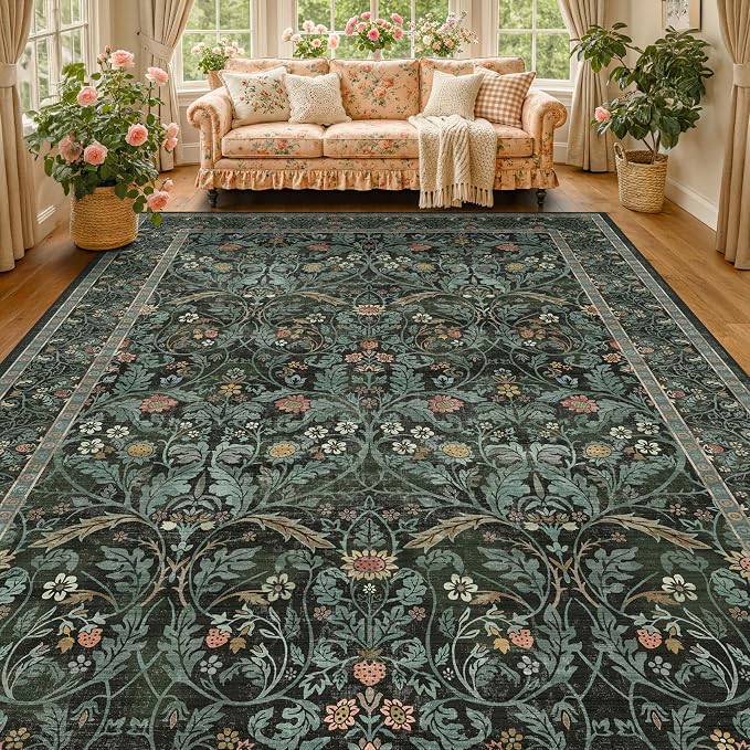 Washable Area Rug 9x12 Living Room, Ultra Soft Dark Floral Large Washable Rugs - Image 8