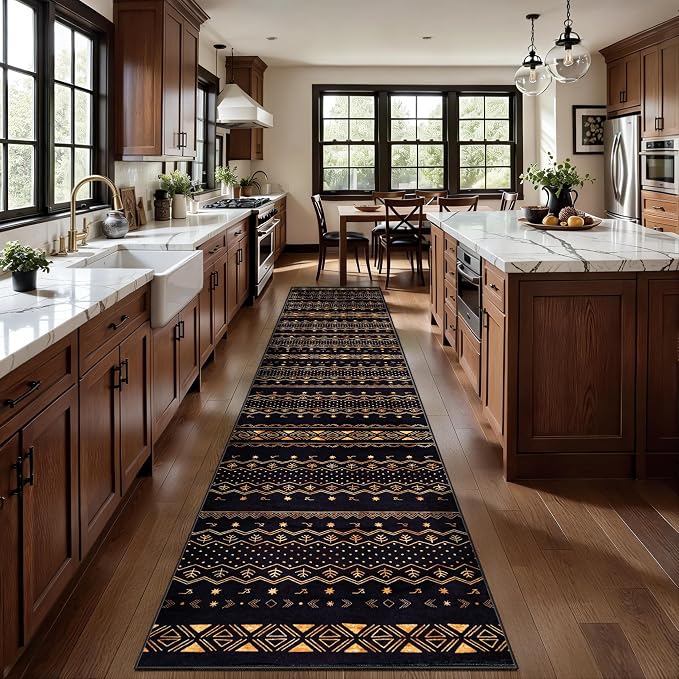 SERISSA Hallway Runner Rug, 2x10 Washable Non-Slip Black and Gold Boho Rug - Image 2