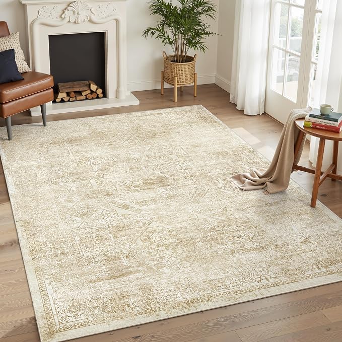Soalmost 5x7 Area Rugs Beige Low Pile Indoor Washable Trendy Faded Style Floral - Image 2