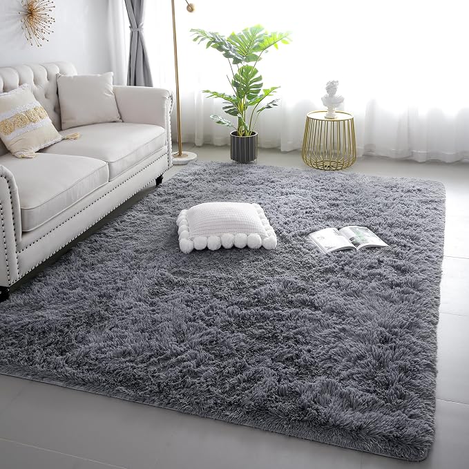 KICHOWUA Area Rug 5x7 Grey Fluffy Shag by KICHOWUA