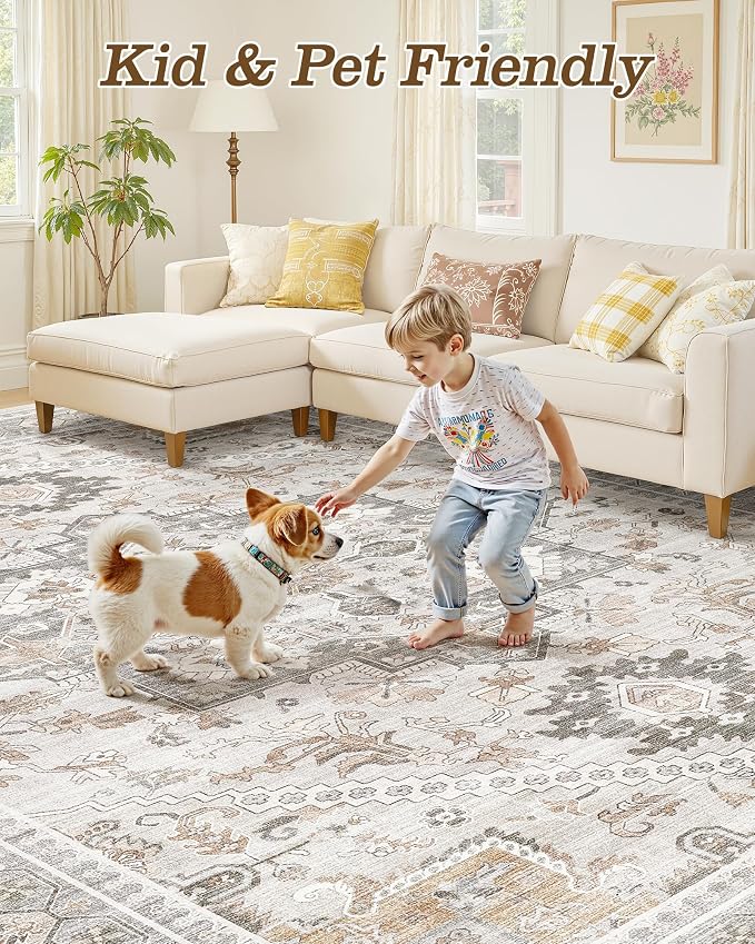 10x12 Vintage Area Rug: Washable Neutral Soft Non Slip Thin Large Floor Carpet - Image 6