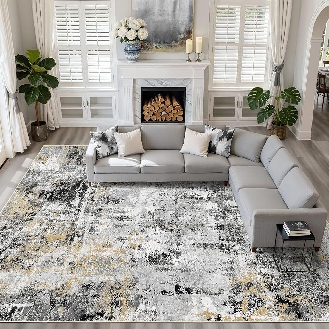 10x14 Area Rugs Living Room: Washable Large Abstract Neutral Modern Soft Rug by LOONGRUG
