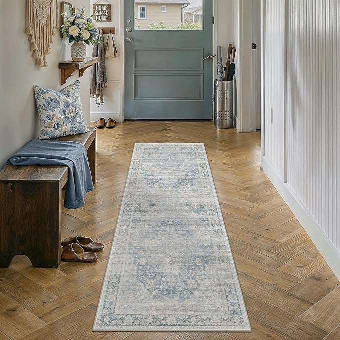2x5 Washable Neutral Runner Rug Blue Vintage Hallway Kitchen Carpet Non-Slip - Image 3