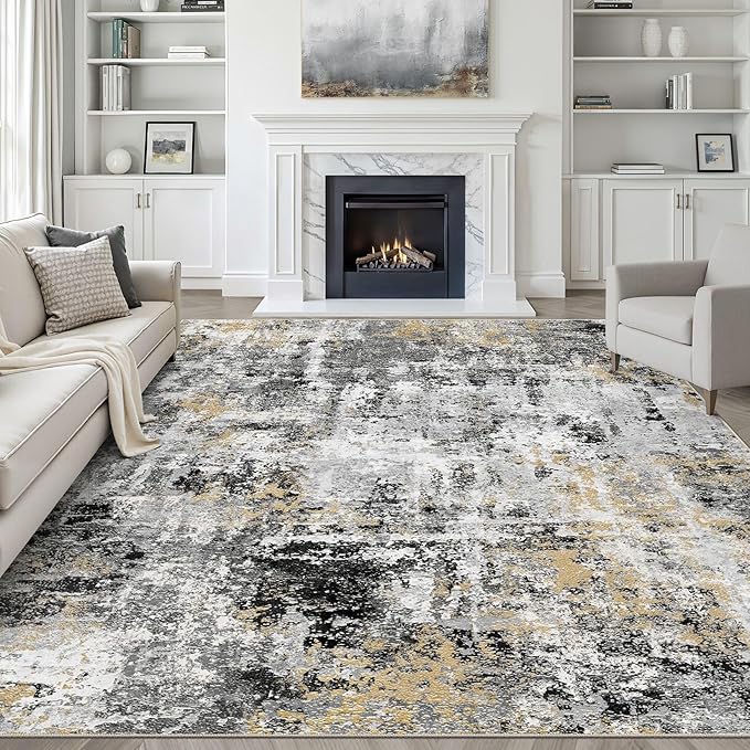 10x12 Area Rug Living Room: Washable Large Abstract Neutral Modern Soft Rug by LOONGRUG