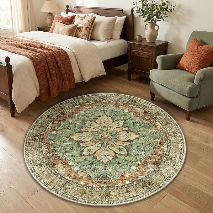 RELEANY Area Rugs Round 4ft Washable Non-Slip, Floral Vintage Distress by RELEANY