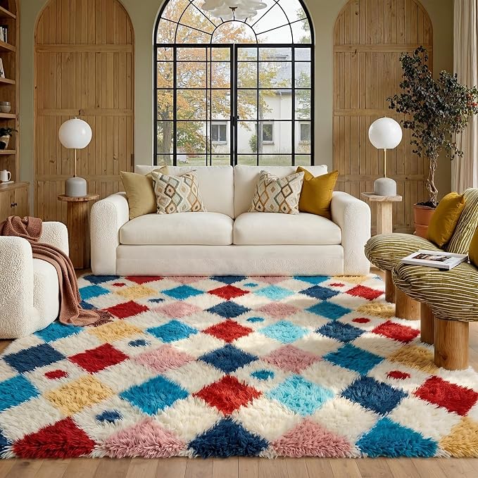 PureCozy Checkered Rug 5x8 Fluffy Shag Living Room Colorful Area Rug Modern by PureCozy
