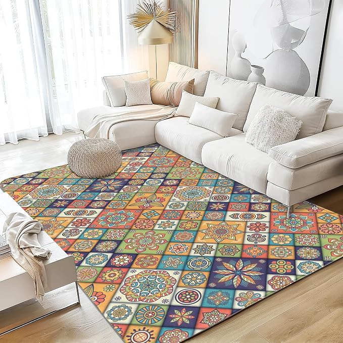 Colorful Mandala Floral Area Rug 5x7 Rust, Washable Large Rugs by SPUNKER