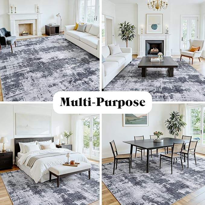 10x12 Area Rugs for Living Room Washable: Abstract Soft Thin Low Pile Black Rug - Image 4
