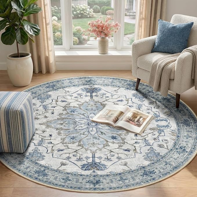 RELEANY Area Rugs Round 4ft Washable Non-Slip, Floral Vintage Distress - Image 2