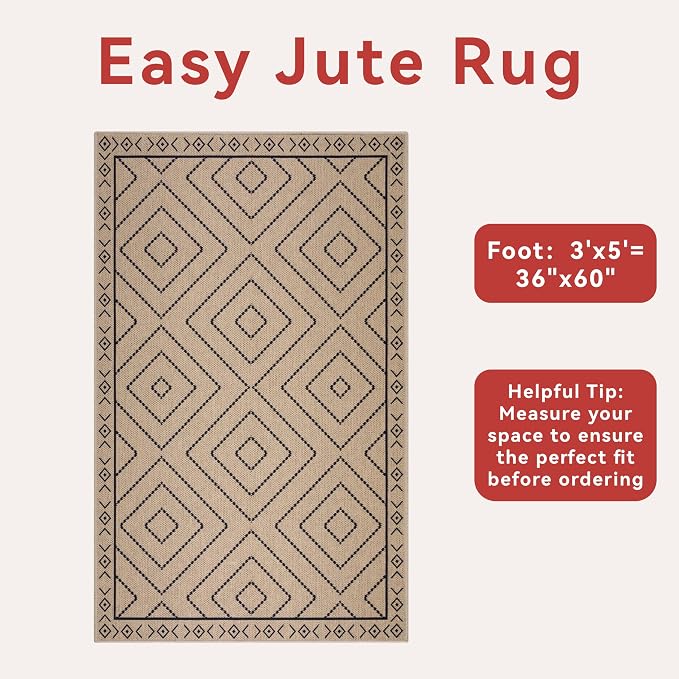 Tangsoo Easy Jute Rug 3x5 for Entryway, Geometric Non-Slip Washable Indoor - Image 8
