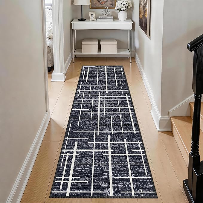Non Slip Hallway Runner Rug 2x8, Modern Distressed Stripe, Washable Long Rug - Image 2