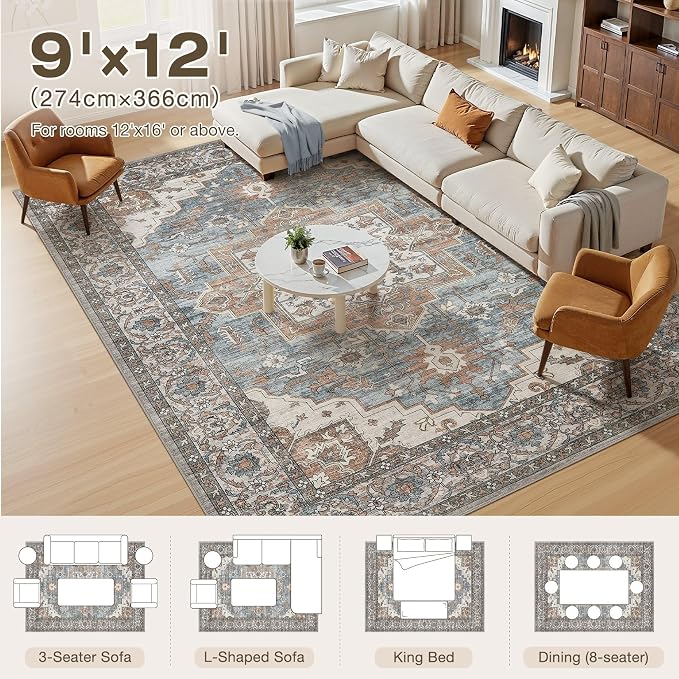9x12 Area Rugs Living Room: Washable Vintage Rug Large Non-Slip Stain Resistant - Image 7