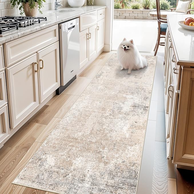 3x8 Washable Non-Slip Runner Rug – Modern Abstract Neutral Wide Carpet Runner by BYYVOORugsforYourHome