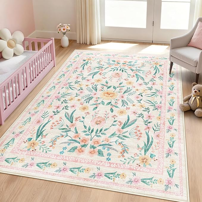 Pink Floral Area Rug 4x6, Washable Non-Slip Soft Carpet by Dadasgk