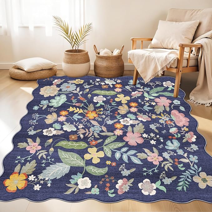 Floral Square Area Rug for Family: Washable 5x5 Scalloped Carpet for Living - Image 4