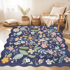 Floral Square Area Rug for Family: Washable 5x5 Scalloped Carpet for Living - Image 4