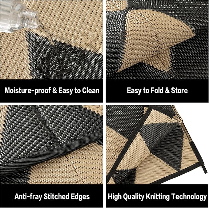 Outdoor Plastic Checkered Rug Waterproof Patio 6x9 Black Brown Diamond Geometry - Image 7