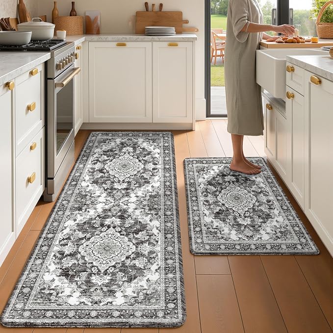 Boho Kitchen Mats for Floor 2 Piece Set Anti Fatigue Cushioned PVC Kitchen Rugs by tubeamin