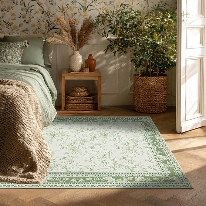 Green and Cream Area Rug 3x5 for Entryway Machine Washable Small Rug for Indoor - Image 2
