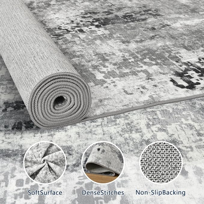 Living Room Rug 9x11 Gray Area Rugs Machine Washable Abstract Boho Large Rug - Image 2