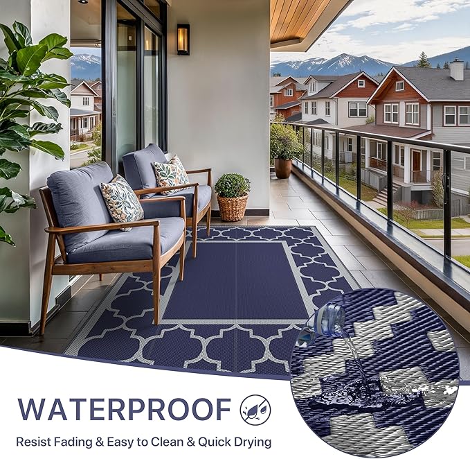 GENIMO Outdoor Rug 9' x 12' Patio Waterproof, Foldable Reversible Plastic Straw - Image 5