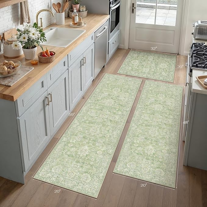 Neutral Kitchen Rug Set of 3 Washable Green Floral Kitchen Mats - Image 4