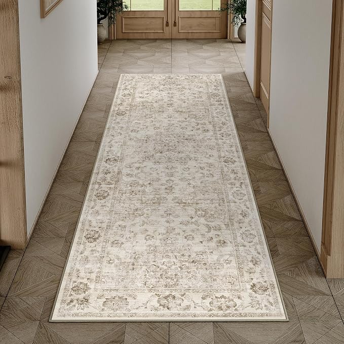 3x8 Washable Neutral Runner Rug Beige Vintage Hallway Kitchen Carpet Non-Slip - Image 3
