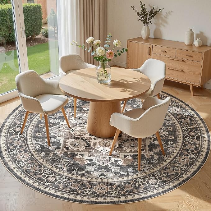 6ft Round Area Rug: Washable Vintage Neutral Soft Non Slip Thin Large Floor - Image 3
