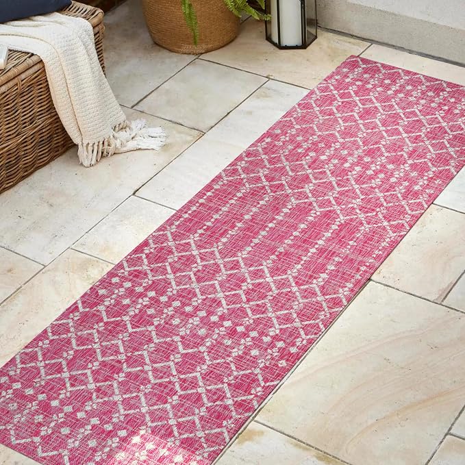 JONATHAN Y Moroccan Geometric Indoor Outdoor Runner Rug 2X8 Fuchsia/Light Gray - Image 3