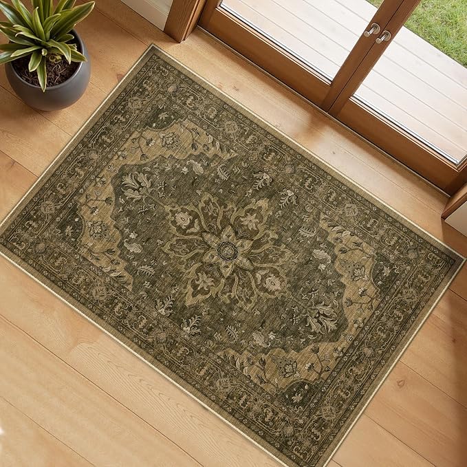 RELEANY Area Rugs Small 2'x4' Washable Non-Slip, Floral Vintage Distress by RELEANY