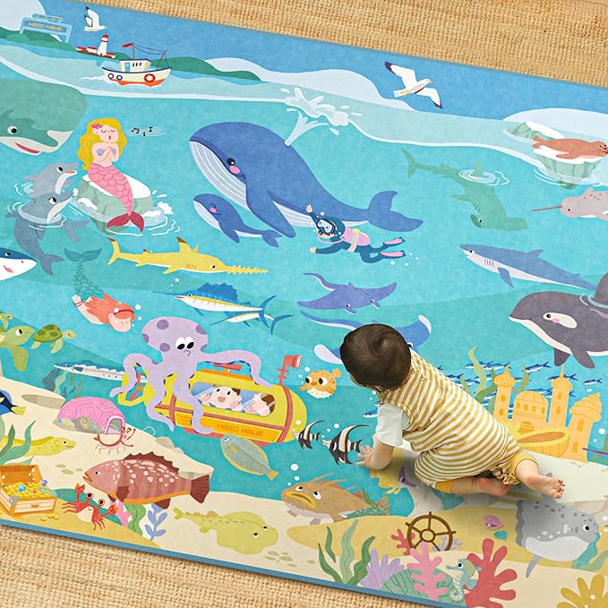 Blue Ocean Themed Rug for Kids Room – 5x8 Underwater Play Mat by HazoHaus
