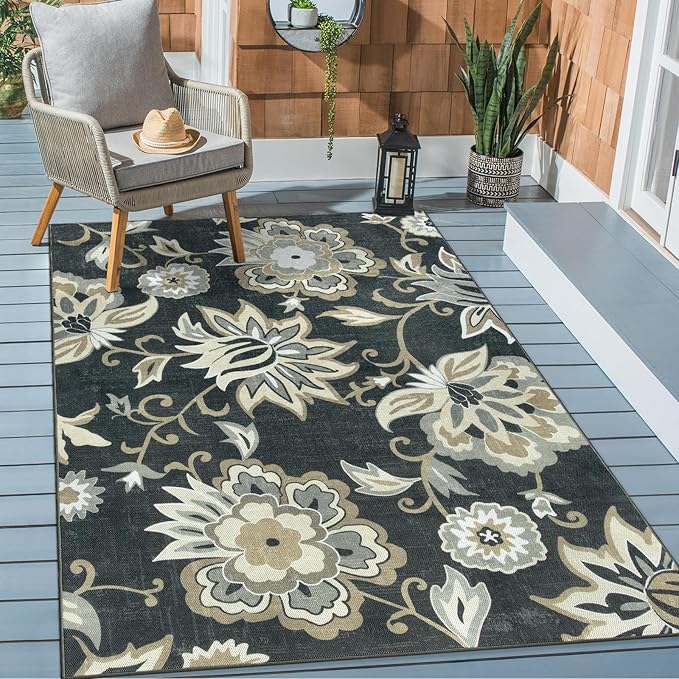 Lahome Floral Indoor Outdoor Rug, 5x8ft Non-Slip Outdoor Patio Rug by Lahome