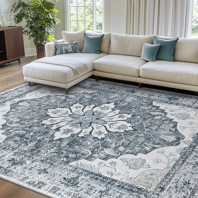 RELEANY Area Rugs 6'x9' Washable Non-Slip, Floral Vintage Distress Medallion - Image 2