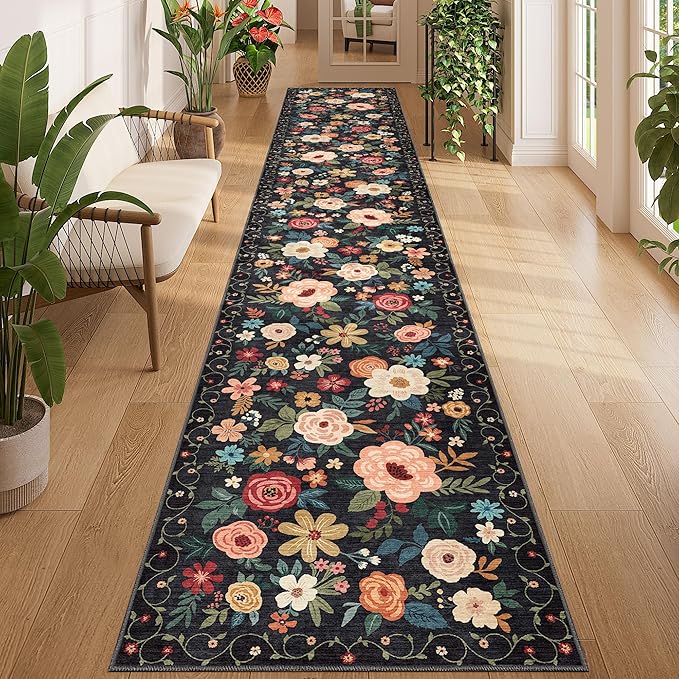 DUKINO 2x12 Washable Runner Rug, Ultra Soft Floral Runner Rug by DUKINO