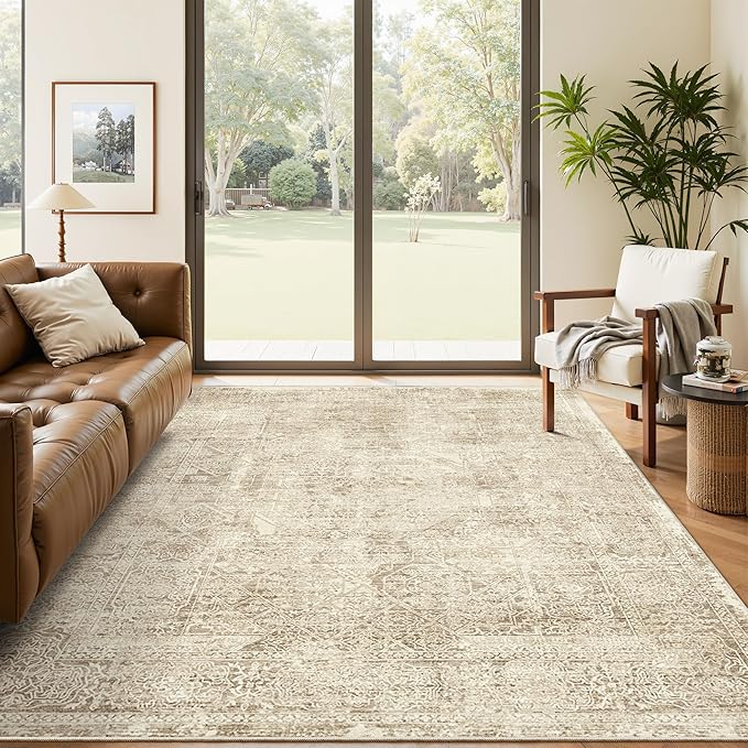 Soalmost 5x7 Area Rugs Brown Low Pile Indoor Washable Trendy Faded Style Floral by Soalmost
