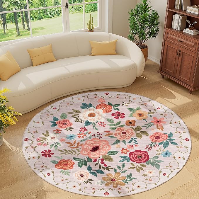DUKINO Floral Round Rug, 6ft Washable Circle Rug, Non Slip Indoor Low Pile - Image 9