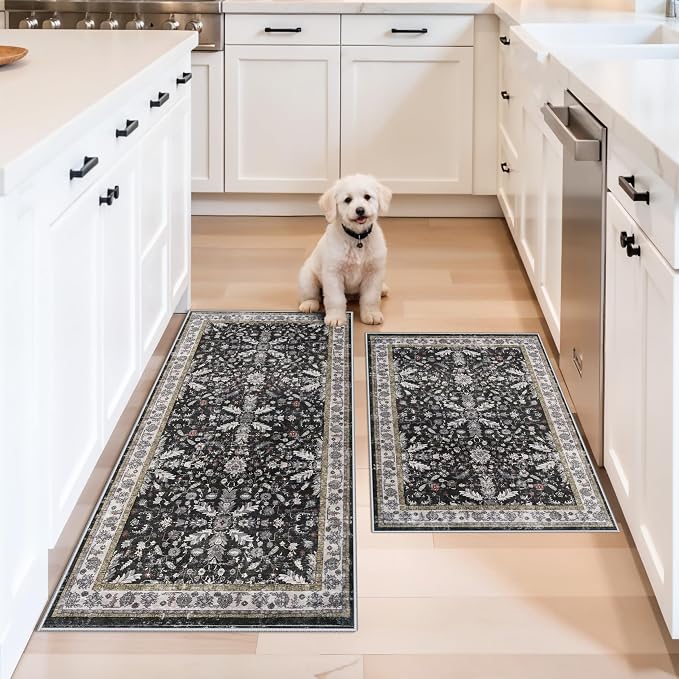 Kitchen Rugs Set of 2 Washable Non Slip – Soft Low Pile Boho Floral Decorative by BYYVOORugsforYourHome