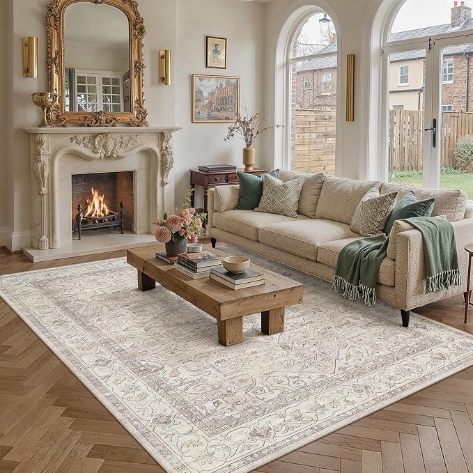8x10 Washable Vintage Area Rug Beige Oriental Living Room Bedroom Throw Rug - Image 4