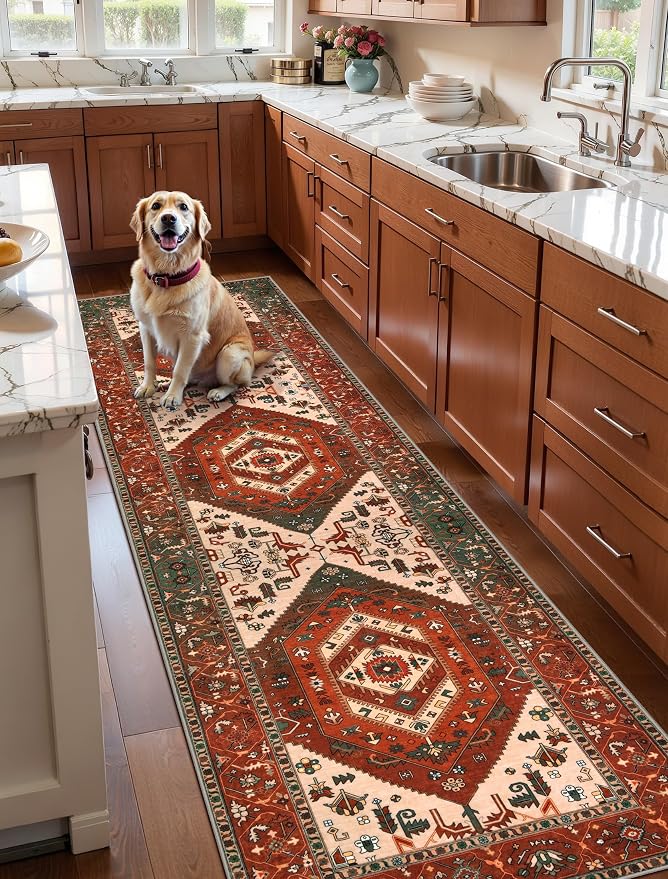 SERISSA Runner Rug for Hallways, Long Boho Rug Vintage Terracotta Green Hallway - Image 3